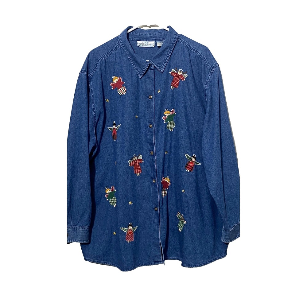 Victoria Jones Woman Denim Shirt 28W/3X Embroidered Angels Holidays Christmas